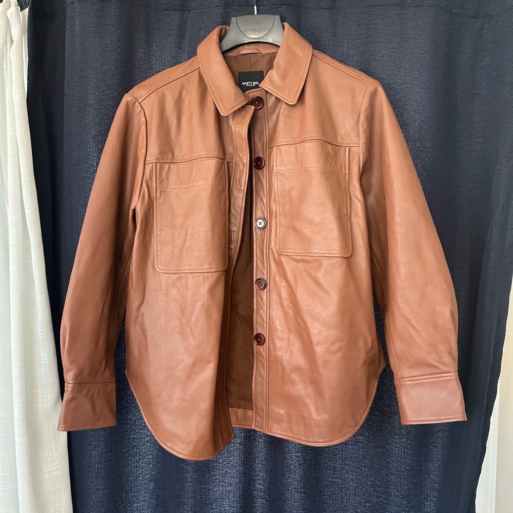 Brown Leather Button-Down Shacket - Picture 2 of 12